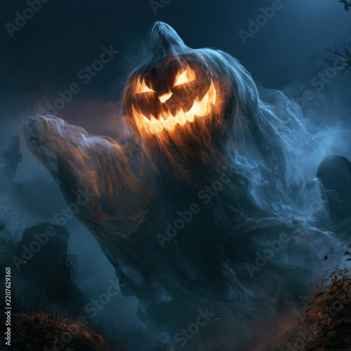 Flowing Ghost With Glowing Pumpkin Head Floating Over Foggy Graveyard. AI Generated Image