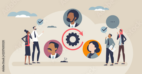 Stakeholder collaboration illustrated as people aligning around a central gear, with avatars and speech bubbles symbolizing dialogue and feedback loops. Tiny style