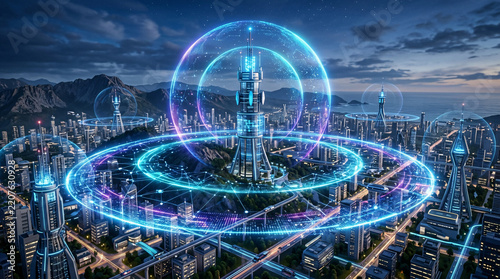 Smart city futuristic telecommunication towers transmitting glowing holographic signal rings over urban landscape.