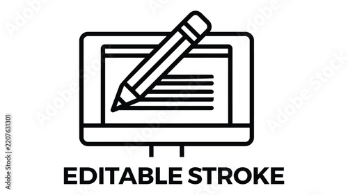 Pencil writing on computer screen editable stroke icon with computer