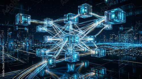 Decentralized blockchain network represented by glowing glass data server cubes interconnected with light fiber cables over a futuristic illuminated cityscape.