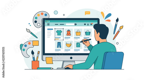 Professional web designer creating a fashion e-commerce store layout on desktop computer flat vector illustration.