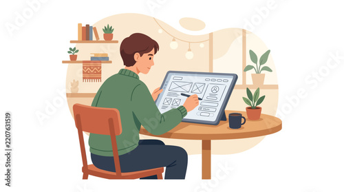Professional UX designer sketching mobile app wireframes on digital tablet in cozy home workspace flat vector illustration.