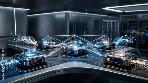 Networked futuristic edge computing node modules transmitting glowing fiber optic data beams across server room.
