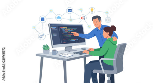 Senior developer mentoring junior programmer during code review at office desk flat vector illustration.