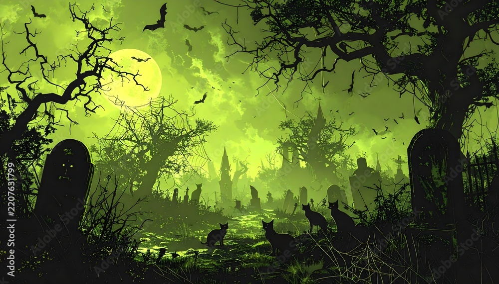 Obraz premium Cementerio de Halloween con cielo verde, lápidas y árboles retorcidos