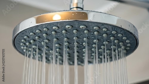 Close-up of modern shower head with running water in bathroom