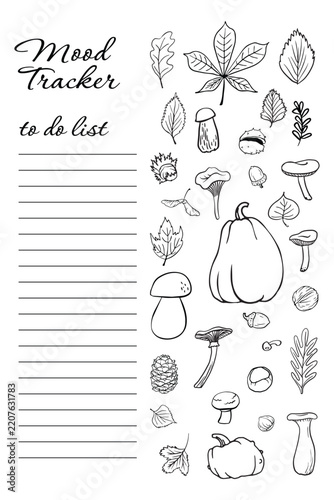 Hand-drawn mood tracker and to-do list template with autumn doodles (pumpkin, mushrooms, leaves). Clean line-art, doodle style — printable, editable for planners, journals, stickers, children's colori