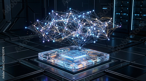 Microchip processor projecting glowing neural network nodes inside a dark high tech server room.