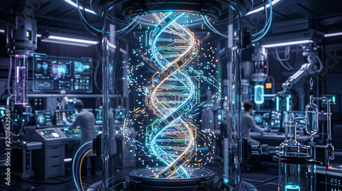 Glowing Holographic DNA Strand Helix Encapsulated in Glass Chamber inside Futuristic Biotechnology Laboratory