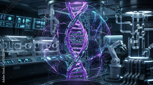Glowing Purple Digital DNA Helix Molecule Encapsulated with Microchip Circuitry inside High-Tech Biotech Lab