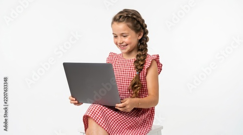 Happy Young Girl in Red Gingham Dress Using Laptop Computer for Online Learning and Entertainment on White Background