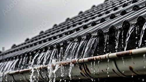 Rainwater cascading off a corrugated metal roof during a storm