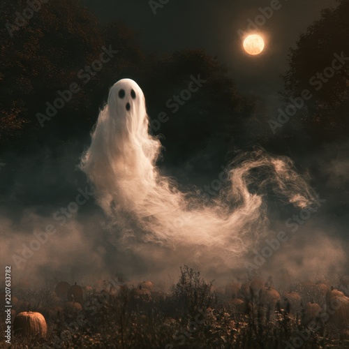 Wispy Ghost Floating Above Foggy Pumpkin Patch Under Moonlit Sky. AI Generated Image