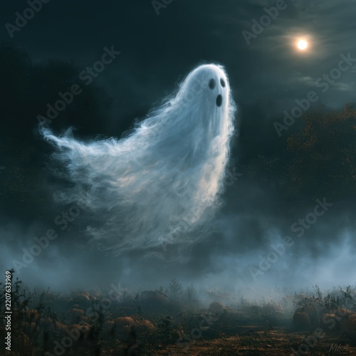 Wispy Ghost Floating Above Foggy Pumpkin Patch Under Moonlit Sky. AI Generated Image