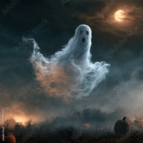 Wispy Ghost Floating Above Foggy Pumpkin Patch Under Moonlit Sky. AI Generated Image