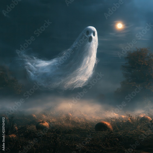 Wispy Ghost Floating Above Foggy Pumpkin Patch Under Moonlit Sky. AI Generated Image