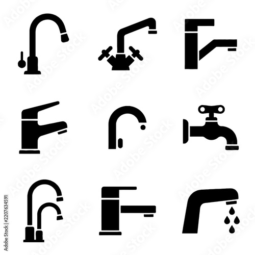 Collection of black water faucet icons showing various plumbing tap designs for kitchen and bathroom use