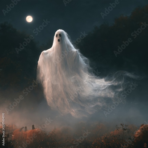 Wispy Ghost Floating Above Foggy Pumpkin Patch Under Moonlit Sky. AI Generated Image