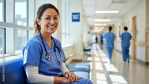Smiling nurse sitting in hospital corridor with medical staff