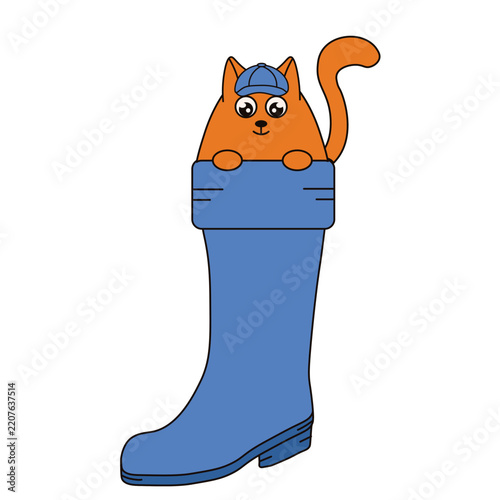 Hand drawn vector Cat in Boot isolated transparent background. Fun character. Funny red Kittyin shoes. Perfect kids art child t-shirt print design. EPS 10