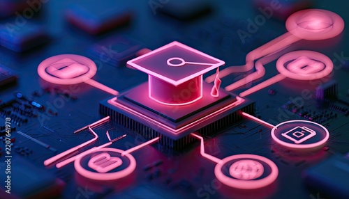 Digital Graduation Cap on Microchip Illustrating Online Education Technology.
