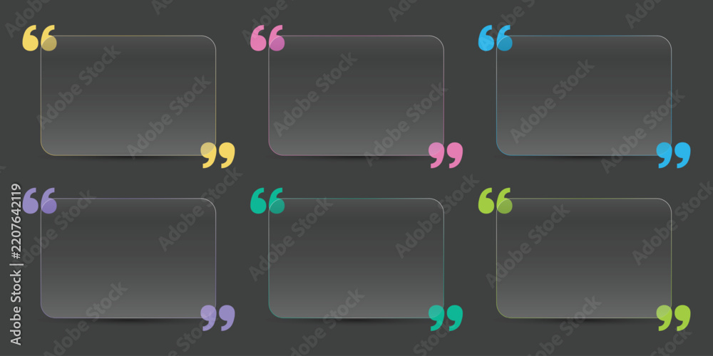 Obraz premium Modern Glassmorphism Quote Text Box Frames Set with Colorful Quotation Marks UI Element Templates
