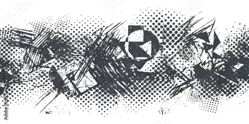 Abstract grunge banner with black ink strokes and messy halftone dots for modern creative graphic design art
