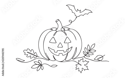 Continuous line drawing of a spooky halloween pumpkin with a flying bat and autumn leaves for holiday decoration