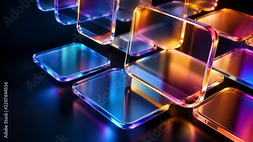 Abstract futuristic glass plates with colorful neon light reflection modern 3d background