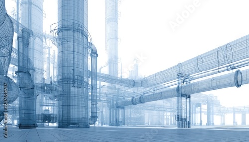 Industrial Complex with Large Pipes and Structures in Blue Tones.
