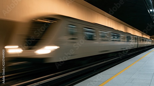 Modern Subway Train Speeding Through Underground Station Platform.