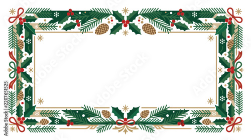 Festive Christmas Border with Holly, Pinecones, and Berries