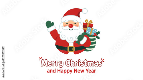 Cartoon Santa Claus Waving with Gift Bag Isolated