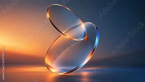 Two transparent round glass optical lenses with glowing orange and blue rim lighting 3d render