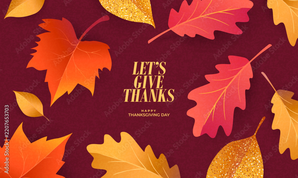 Obraz premium Thanksgiving greeting card, cover, invitation featuring beautiful, vibrant autumn leaves against a trendy burgundy background. A modern, autumn design template for festive event, advertising, branding