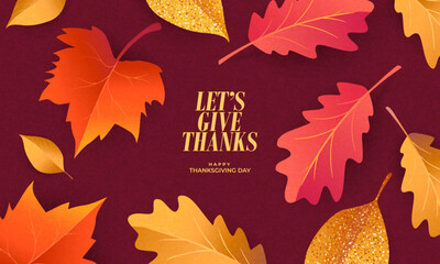 Handdoek met foto Kinderkamer Thanksgiving greeting card, cover, invitation featuring beautiful, vibrant autumn leaves against a trendy burgundy background. A modern, autumn design template for festive event, advertising, branding  © Tanya Shulga