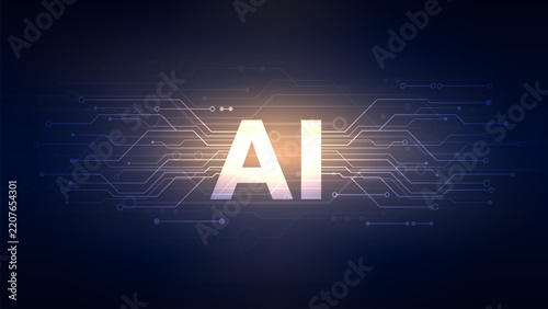 Artificial intelligence AI text glowing horizontal electronic circuit board lines traces connection nodes digital futuristic technology dark blue background vector illustration