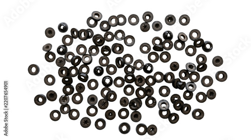 A large pile of pitted black olives isolated on transparent background