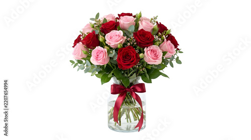 Beautiful bouquet of red and pink roses in a glass vase isolated on transparent background
