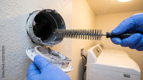Gloved hands cleaning lint buildup from clogged dryer vent duct with long wire brush to prevent fire hazard and improve airflow in home laundry room close up maintenance