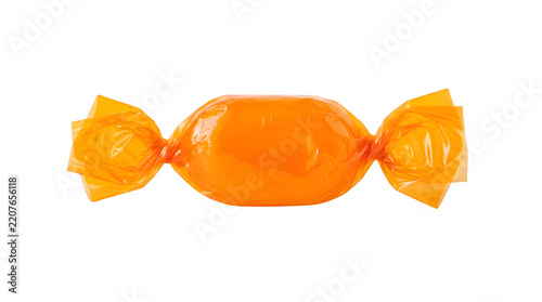 A single orange hard candy wrapped in shiny plastic isolated on transparent background