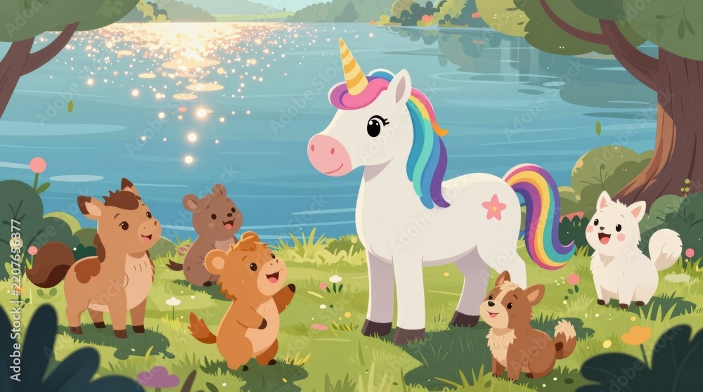 Fototapeta premium A whimsical scene featuring a charming unicorn amid cute woodland animals by a sparkling lake. This colorful illustration embodies joy and friendship in nature.