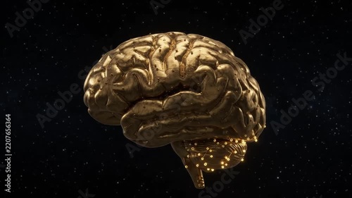 Golden human brain with glowing neural network synapses
