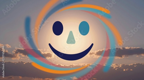 A vibrant abstract illustration featuring a smiling face against a stunning sunset sky. The swirling colors create a joyful and uplifting atmosphere.