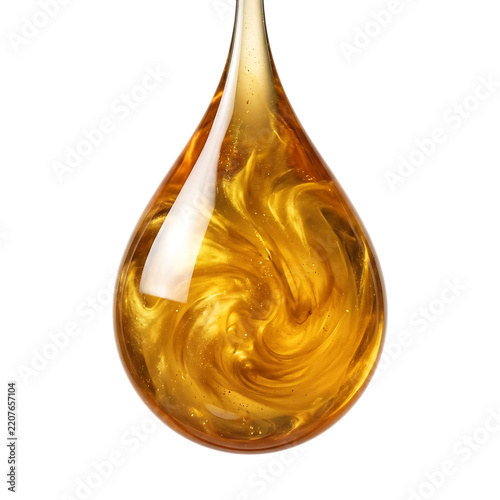 Golden liquid drop with swirling gold and amber colors isolated on transparent background
