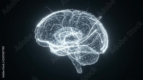 Wireframe 3D human brain with glowing digital nodes and data mesh