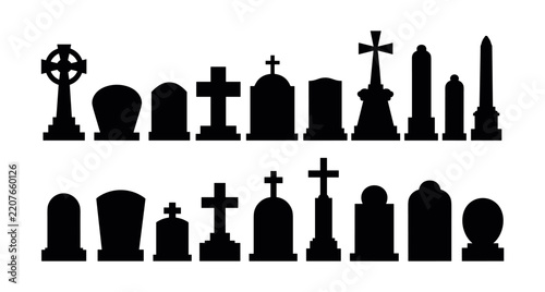 Obraz na plátně Collection of black silhouettes of various gravestones, tombstones, and cemetery