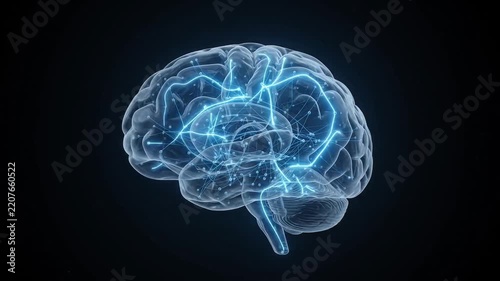 Luminous blue human brain model pulsing against black background
