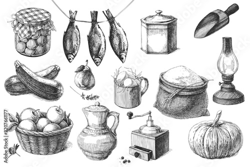 Vintage Rustic Pantry Seamless Elements Set Vector Hand Drawn Ink Illustration Country Kitchenware Food Storage Vegetables High Contrast Basket Crockery Sketch